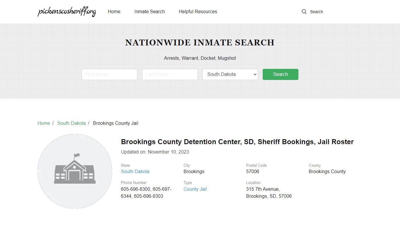 Brookings County Detention Center, SD, Sheriff Bookings, Jail Roster